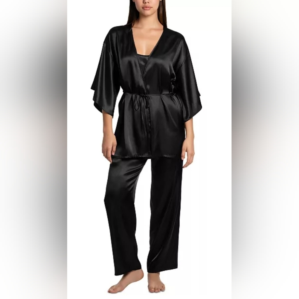 Nwt Linea Donatella 3pc Black Satin Fringe Sleep PJ Set